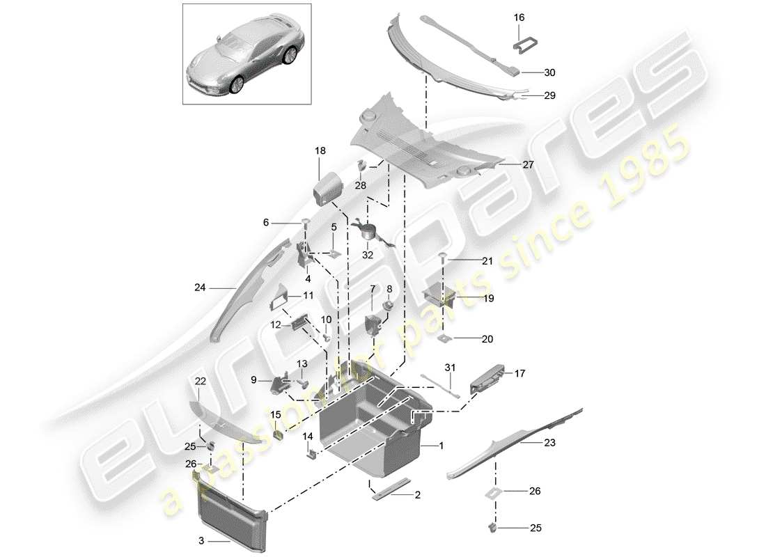 porsche 991 turbo (2020) diagramma delle parti della fodera dello stivale