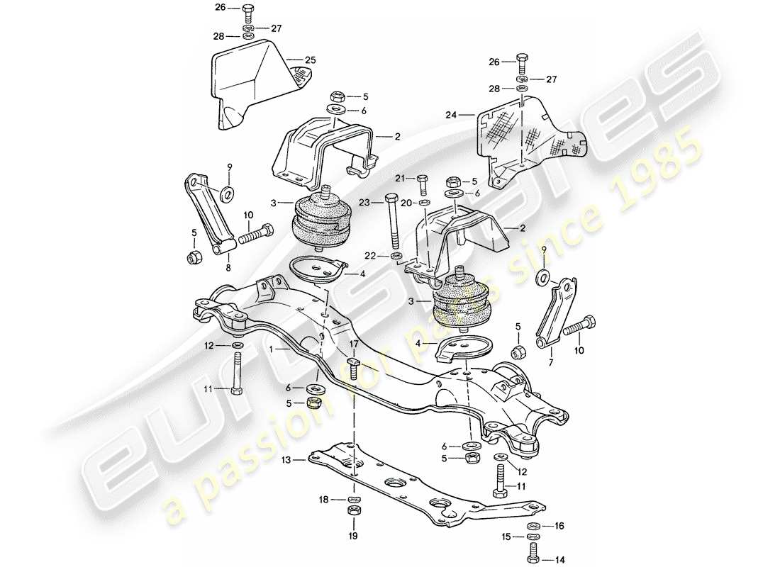 porsche 1990 (928) sospensione del motore diagramma delle parti