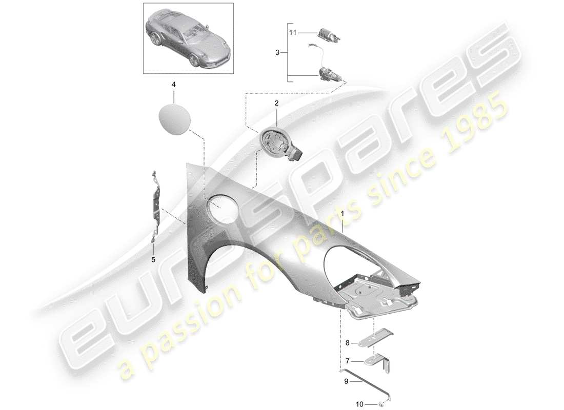 porsche 991 turbo (2020) schema delle parti del parafango