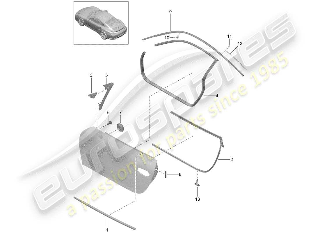 porsche 991 turbo (2020) diagramma delle parti guarnizione porta