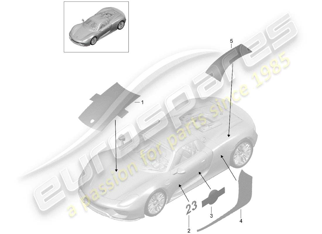 porsche 2015 (918 spyder) diagramma delle parti della foglia di rifinitura