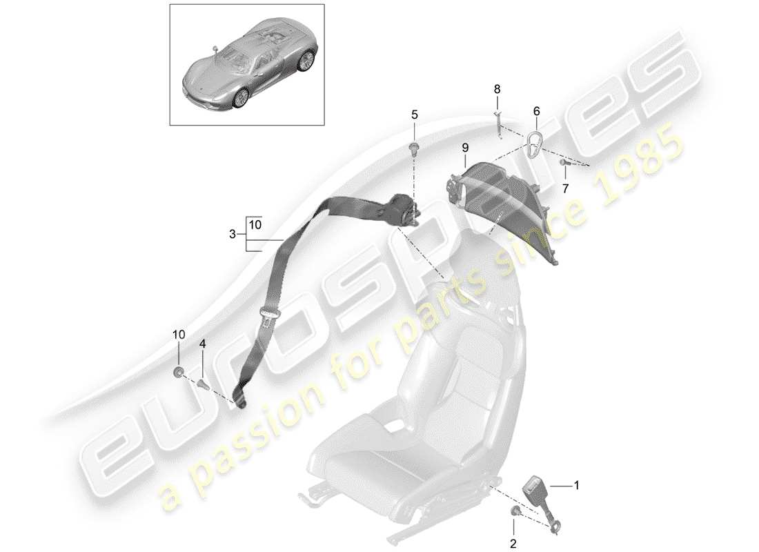porsche 2015 (918 spyder) diagramma delle parti della cintura di sicurezza