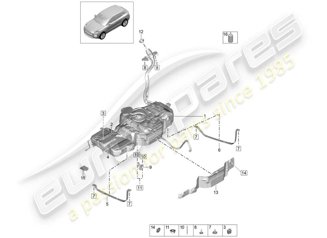 porsche 2020 (macan) serbatoio carburante con schema delle parti
