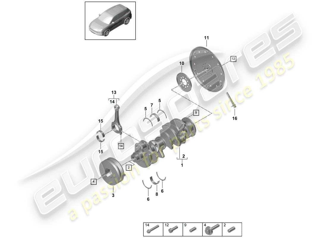porsche 2019 (cayenne e3 9ya/9yb) albero a gomiti diagramma delle parti