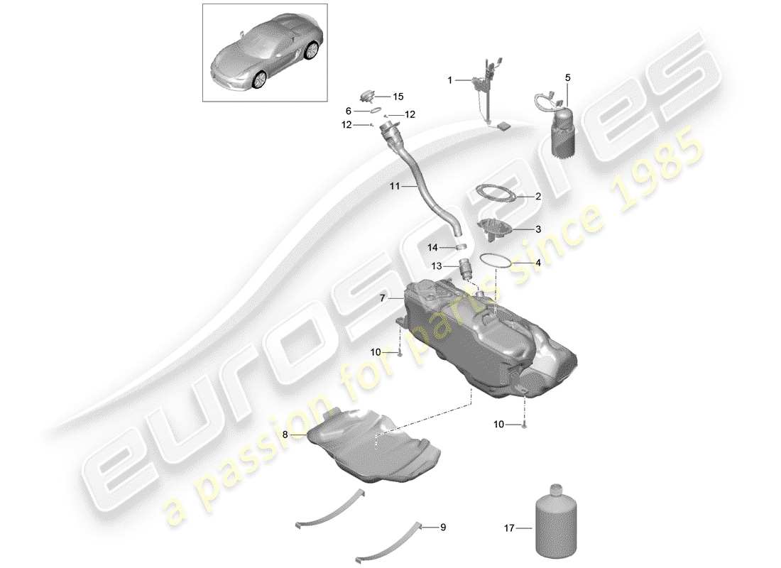 porsche 2016 (981 boxster spyder) diagramma delle parti del serbatoio del carburante