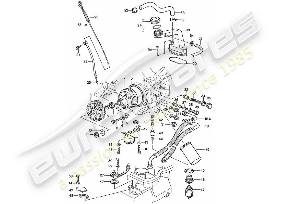 porsche 1990 (928) lubrificazione del motore diagramma delle parti
