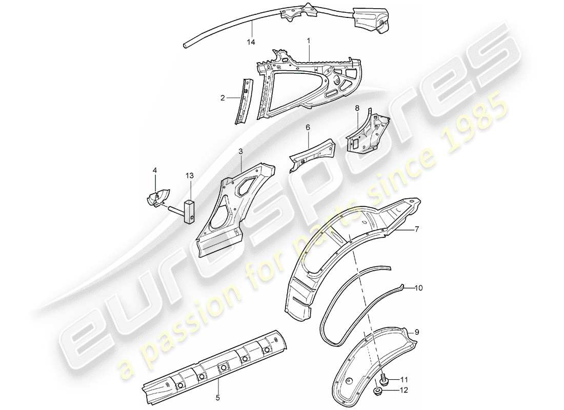 porsche 2003 (996 turbo / gt2) pannello laterale schema delle parti