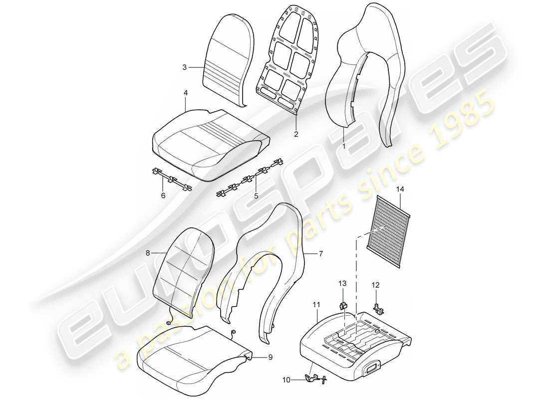 porsche 2001 (996 gt3) rivestimento - parte in schiuma - sedile sportivo schema delle parti