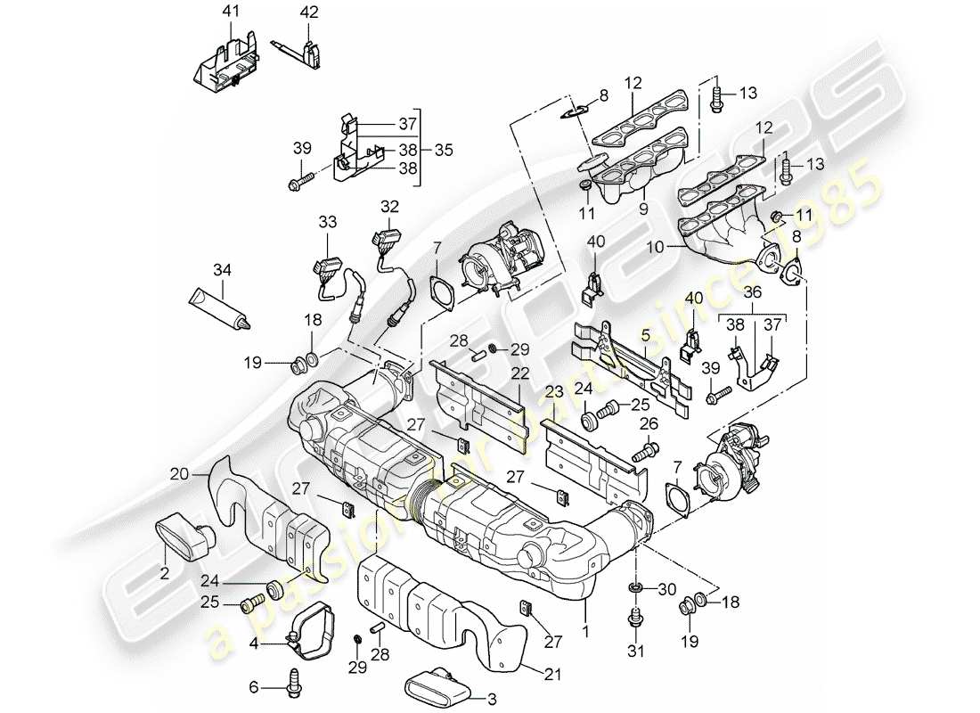 porsche 2009 997-2 turbo / gt2 diagramma delle parti del sistema di scarico