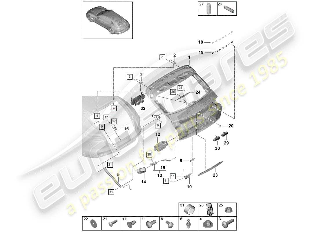 porsche panamera 971 (2019) coperchio baule posteriore diagramma delle parti