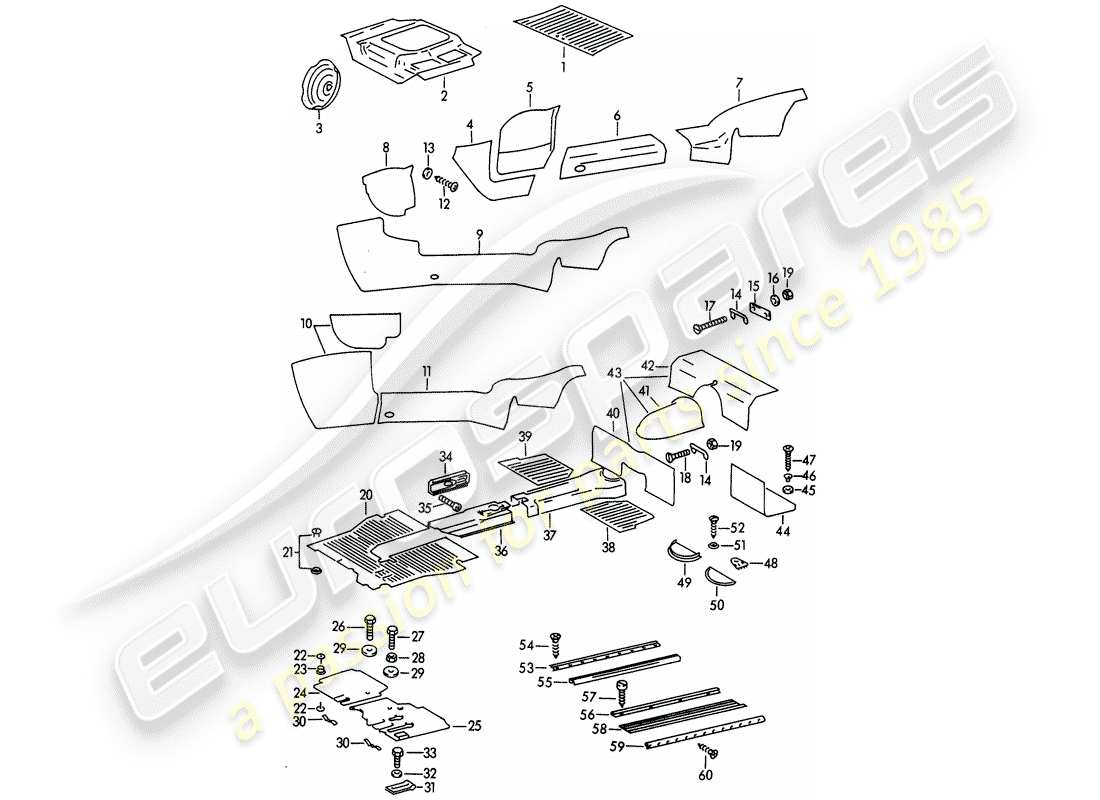 porsche 1960 (356b/356c) rivestimenti - vano piedi diagramma delle parti