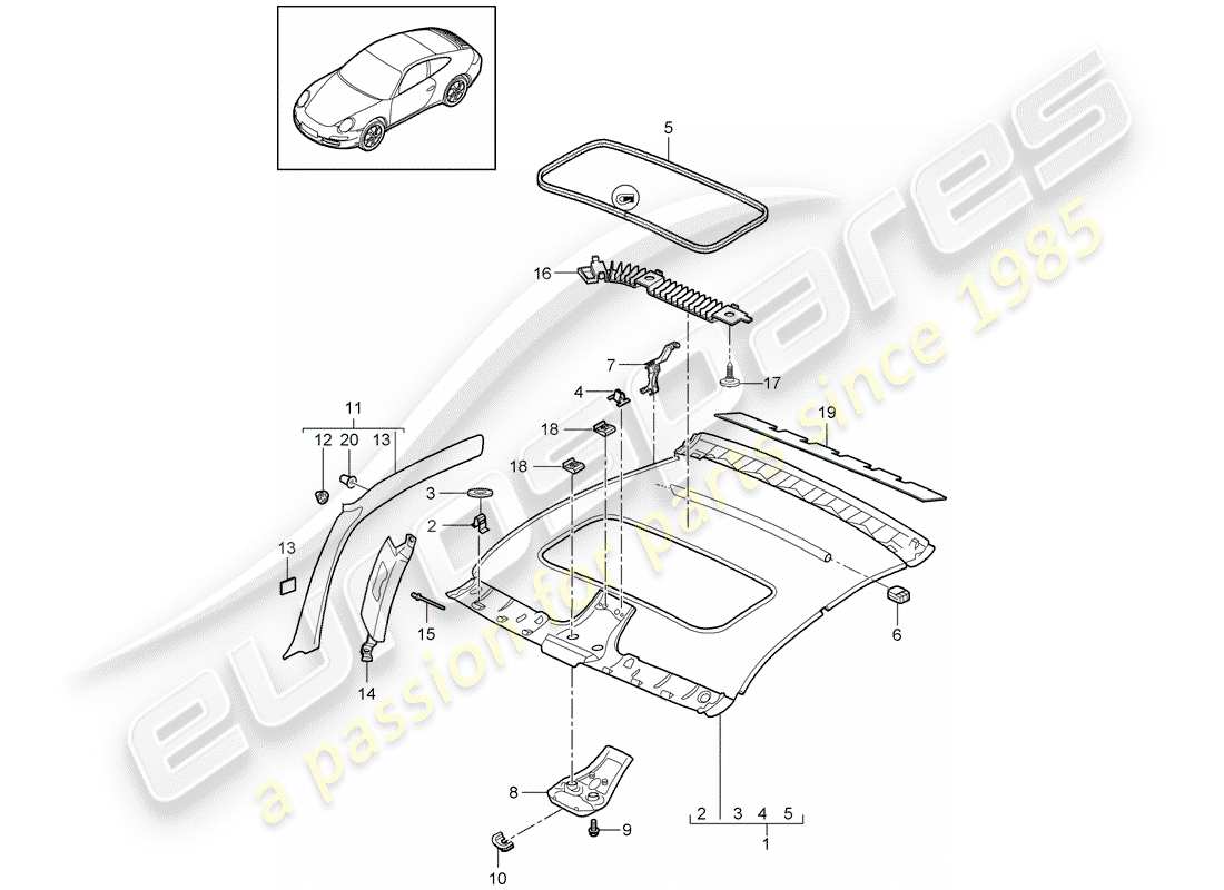 porsche 2007 (997-1 gt3) pannello di rivestimento del tetto schema delle parti