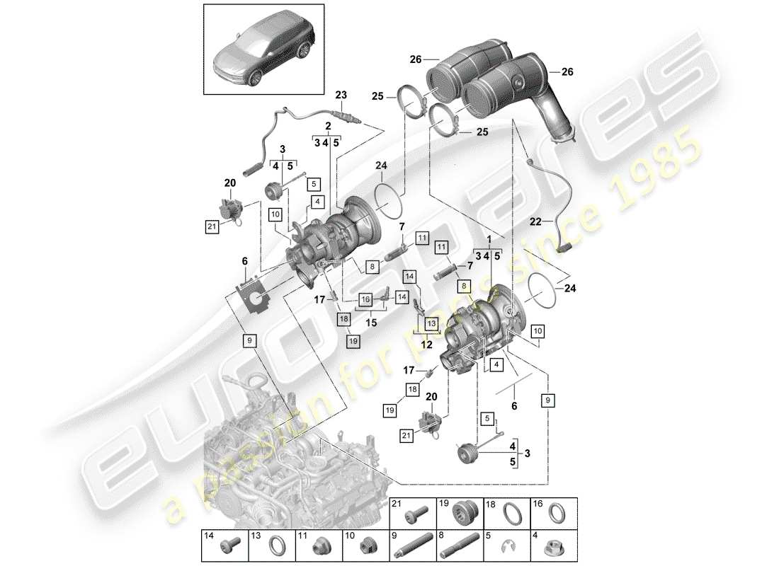 porsche 2020 (cayenne e3 9ya/9yb) turbocompressore gas di scarico schema delle parti