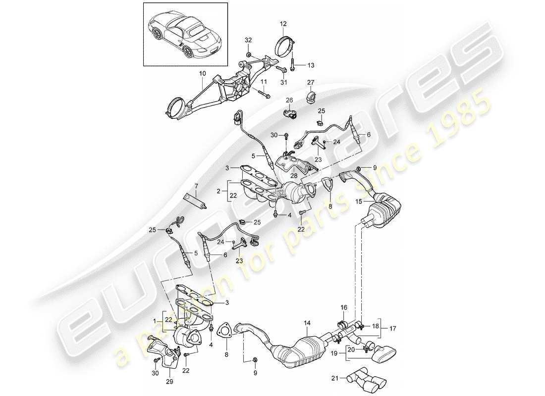 porsche 2012 (987 boxster) impianto di scarico diagramma delle parti
