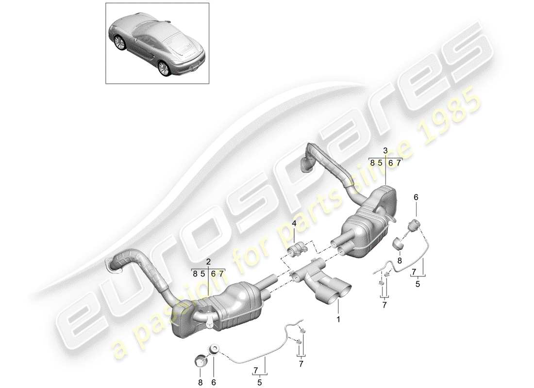 porsche 2015 (981 cayman) diagramma delle parti del sistema di scarico