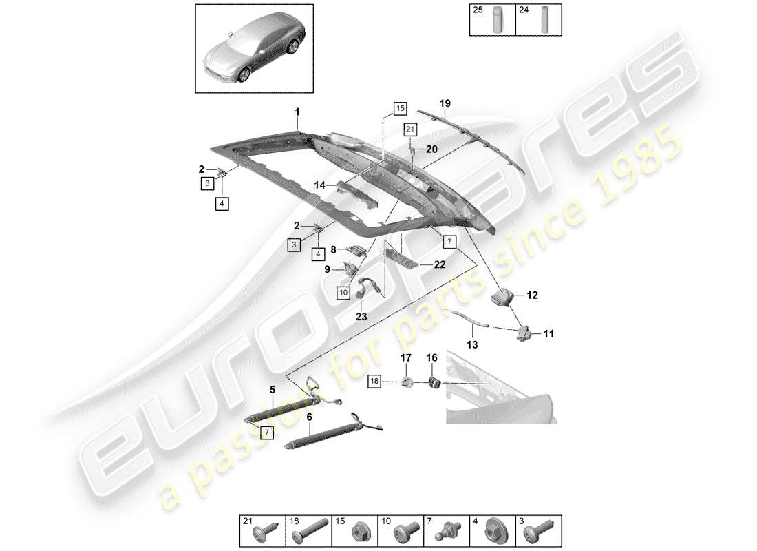 porsche panamera 971 (2019) schema delle parti del coperchio del baule posteriore