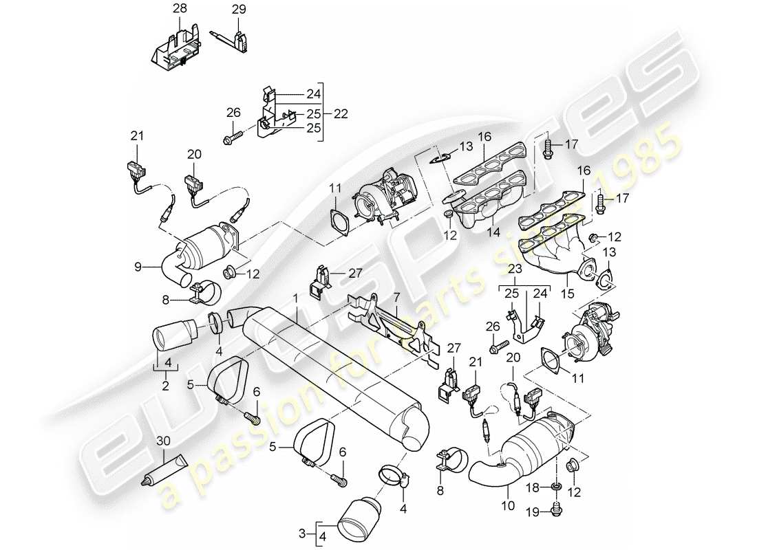 porsche 2007 (997-1 turbo / gt2) diagramma delle parti del sistema di scarico