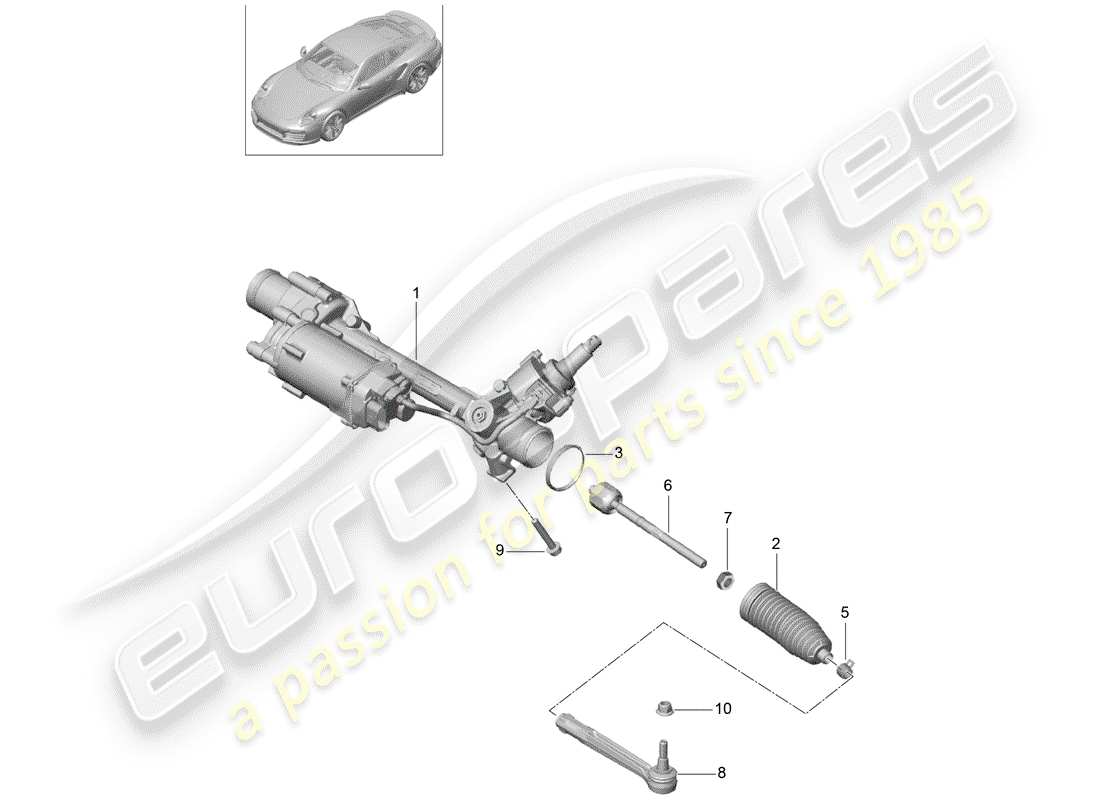 porsche 991 turbo (2020) schema delle parti della scatola dello sterzo