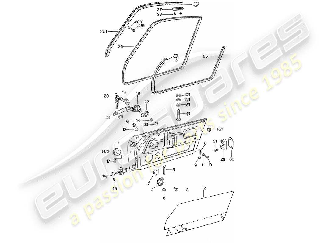 porsche 1975 (911) porta - con parti di installazione diagramma delle parti