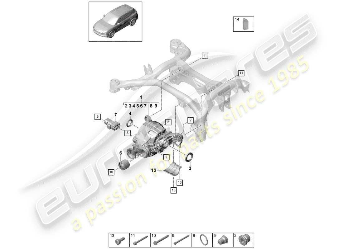 porsche 2020 (cayenne e3 9ya/9yb) differenziale assale posteriore schema delle parti