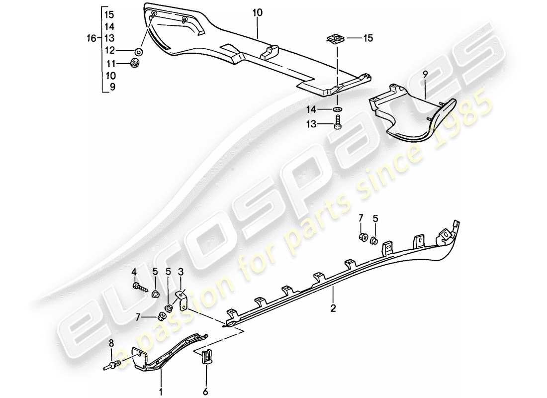 porsche 1986 (944) rivestimento del longherone - grembiule posteriore alato diagramma delle parti