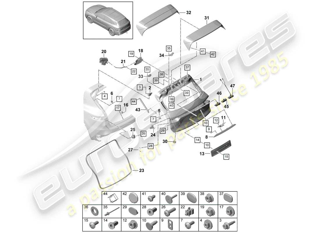porsche 2020 (cayenne e3 9ya/9yb) coperchio baule posteriore diagramma delle parti