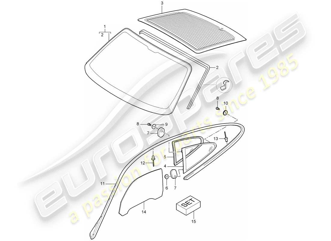 porsche 2007 (997-1 gt3) vetri della finestra schema delle parti
