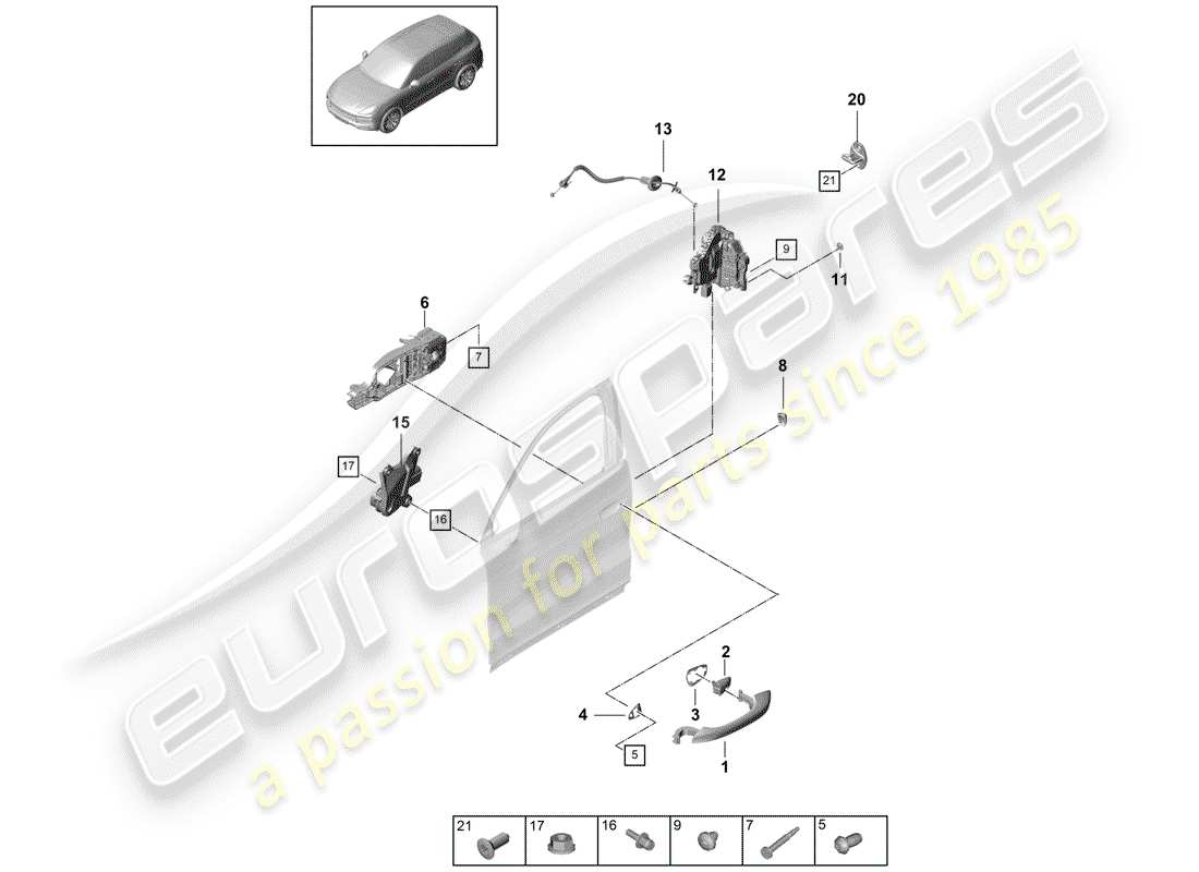 porsche 2020 (cayenne e3 9ya/9yb) maniglia portiera, schema delle parti esterne