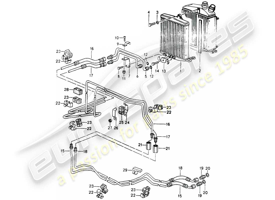porsche 1992 (964) tiptronic - refrigeratore atf - linee atf diagramma delle parti