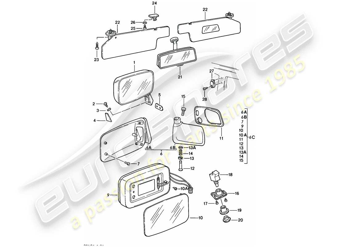 porsche 1979 (924) specchio retrovisore - specchio retrovisore interno - visiera parasole schema delle parti