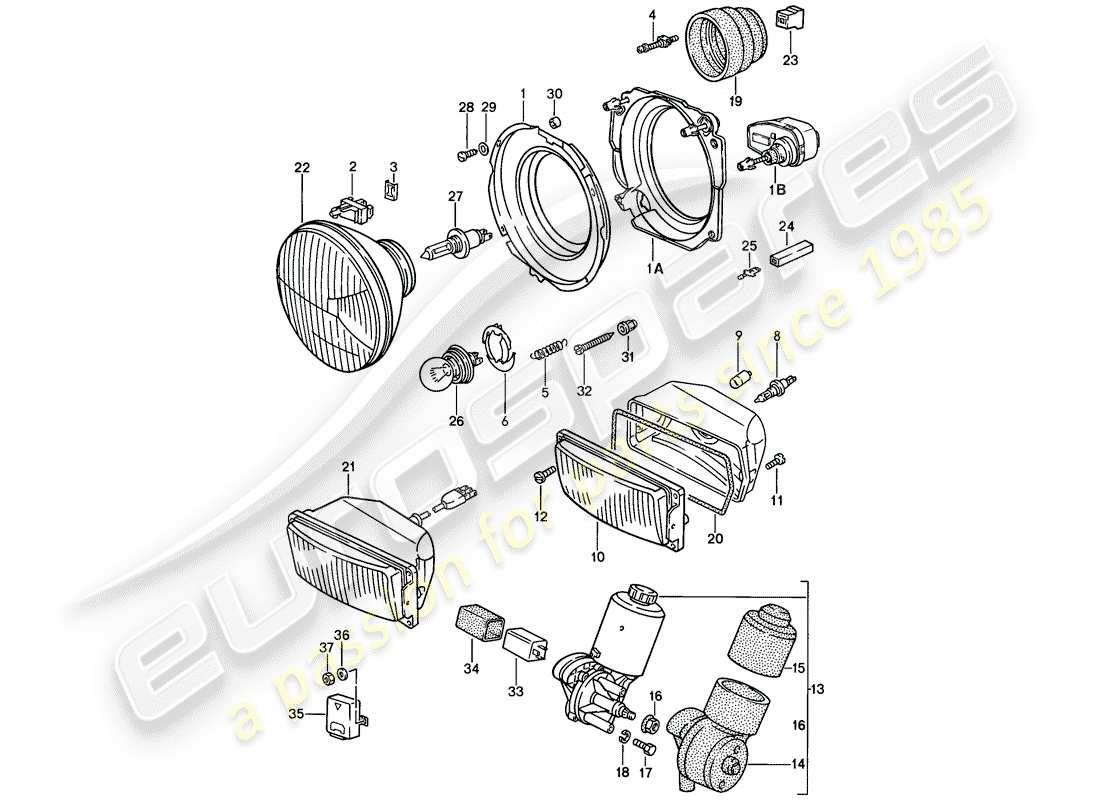 porsche 1987 (924s) lampada anteriore - motore elettrico - faro pop-up schema delle parti