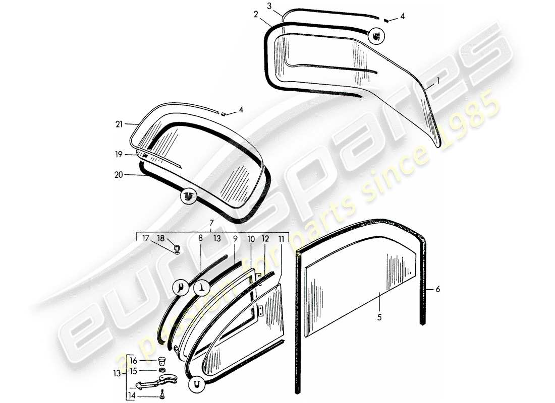 porsche 1958 (356/356a) vetri della finestra diagramma delle parti