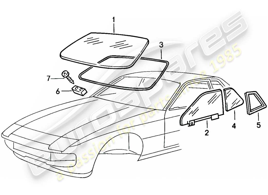 porsche 1987 (924s) vetri della finestra schema delle parti