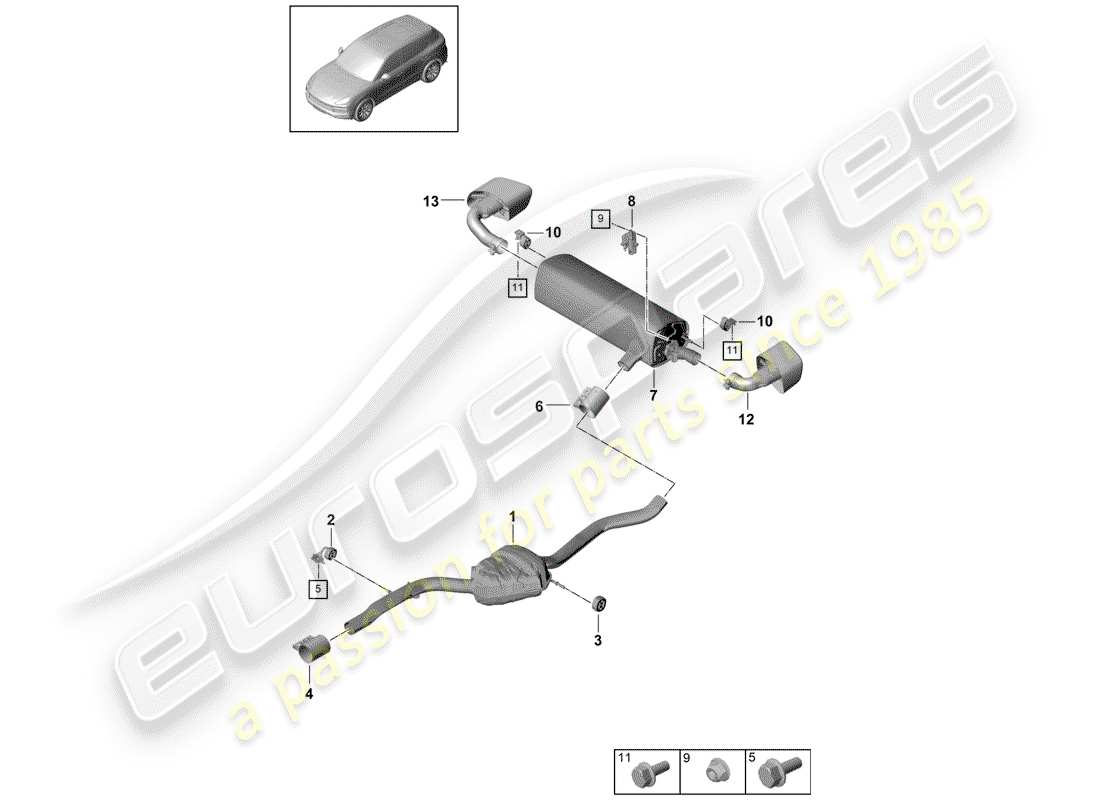 porsche 2020 (cayenne e3 9ya/9yb) diagramma delle parti del sistema di scarico