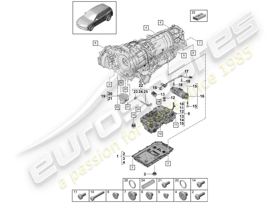 porsche 2020 (cayenne e3 9ya/9yb) 8-speed schema delle parti del cambio automatico