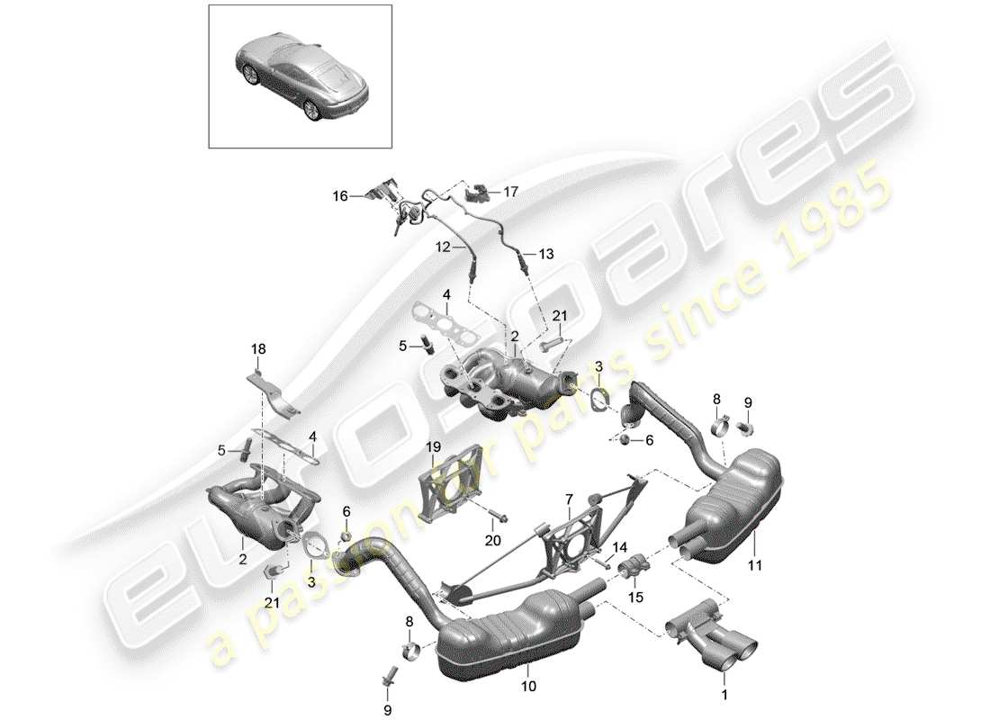 porsche 2016 (981 cayman) impianto di scarico diagramma delle parti