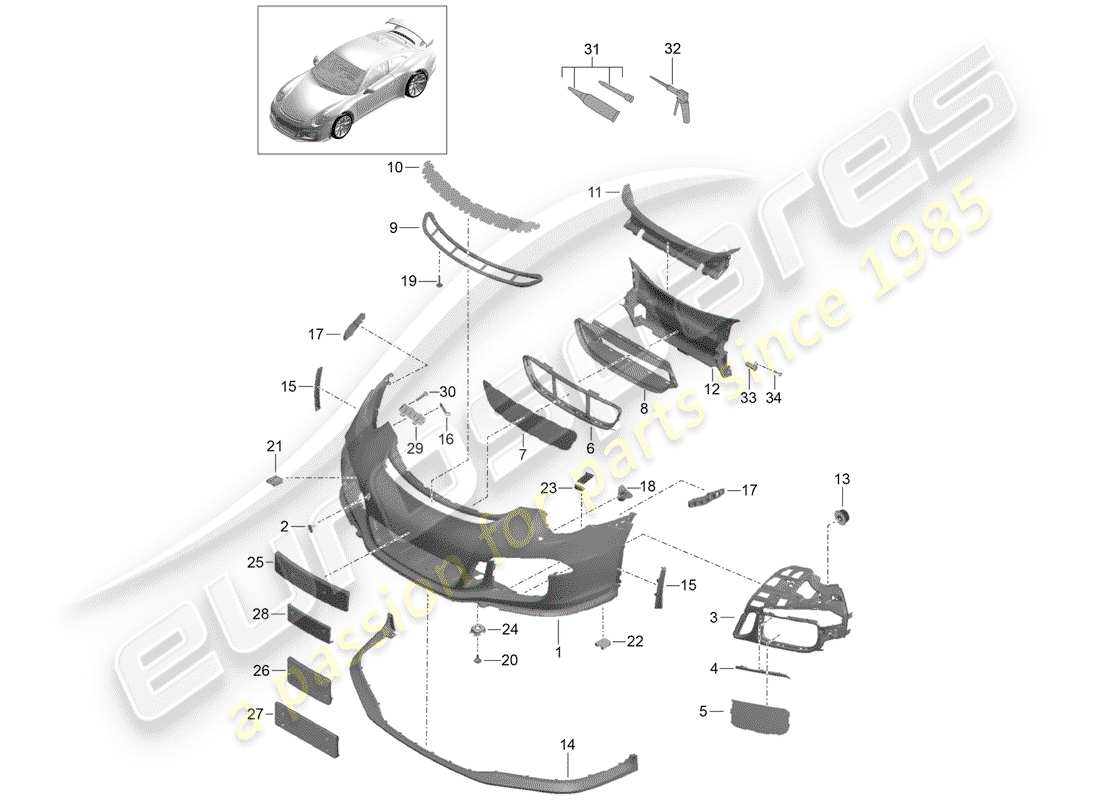 porsche 2016 (991-1 r/gt3/rs) diagramma delle parti del paraurti