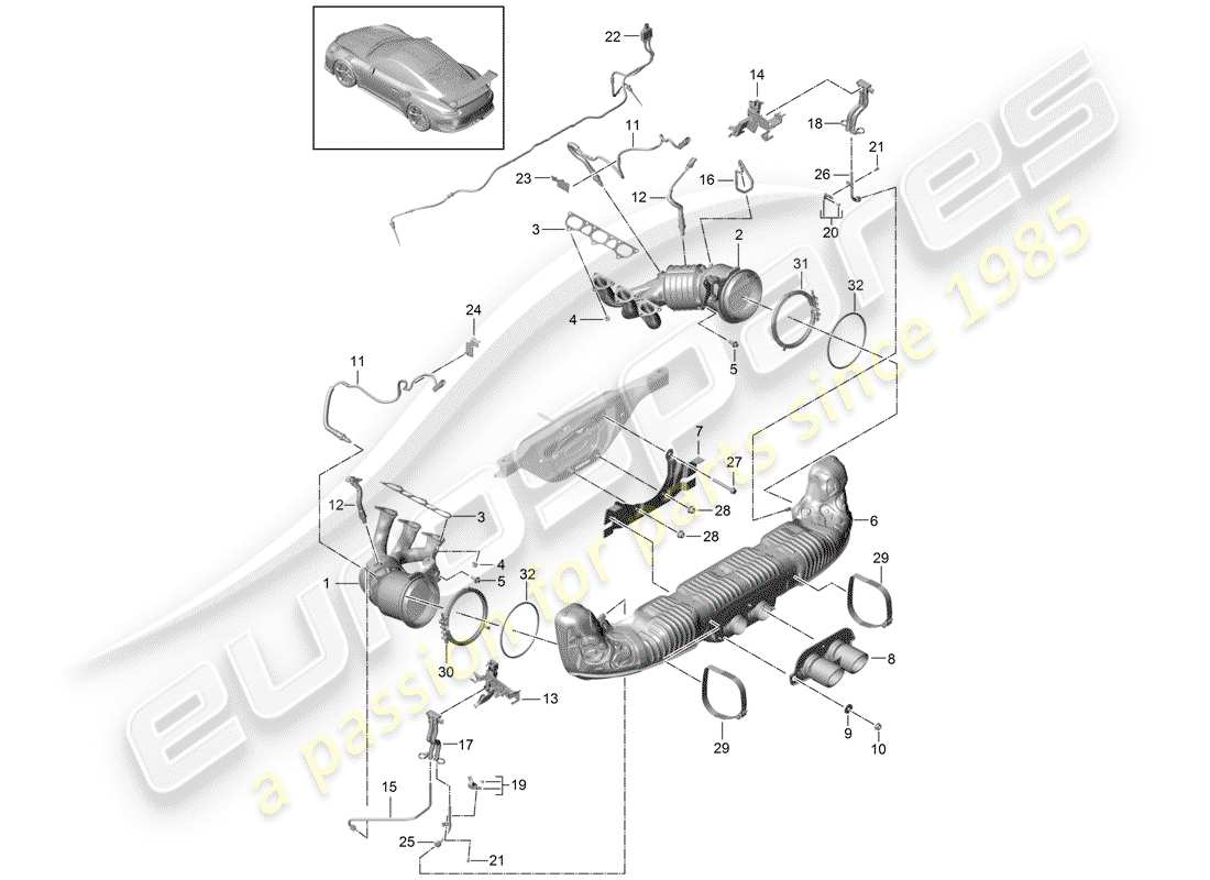 porsche 2016 (991-1 r/gt3/rs) impianto di scarico diagramma delle parti