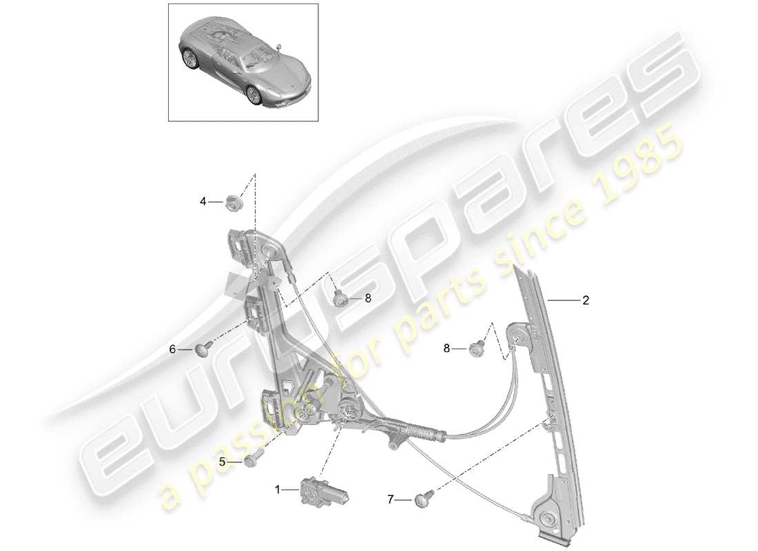 porsche 2015 (918 spyder) schema delle parti del regolatore della finestra