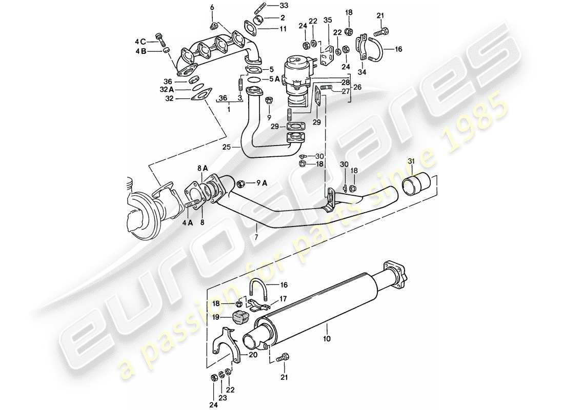 porsche 1977 (924) sistema di scarico - silenziatore di scarico, anteriore diagramma delle parti