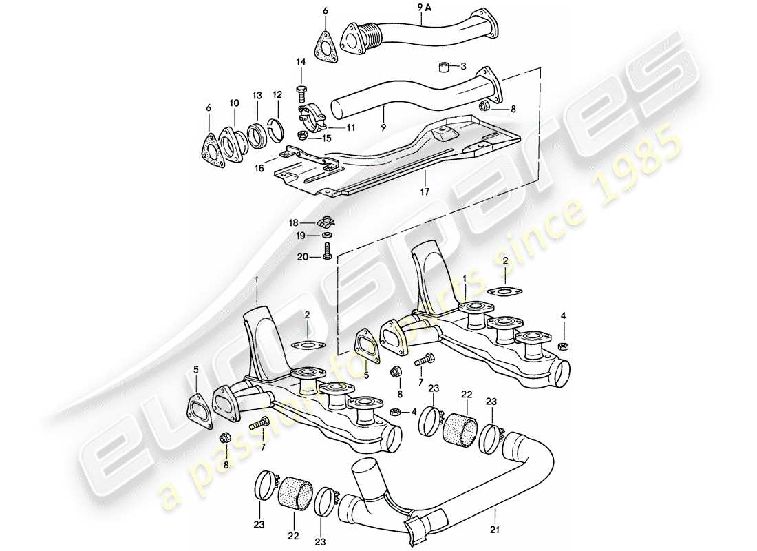 porsche 1985 (911) sistema di scarico - nucleo del riscaldatore diagramma delle parti