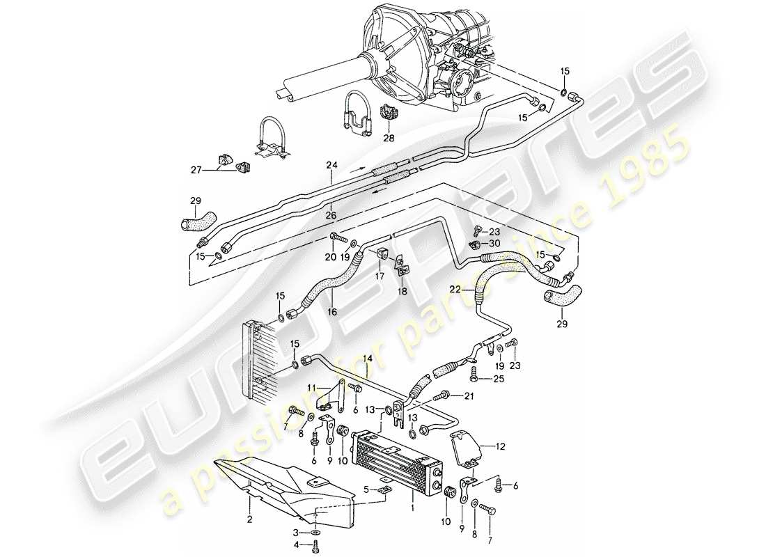 porsche 1995 (968) tiptronic - refrigeratore atf - linee atf diagramma delle parti
