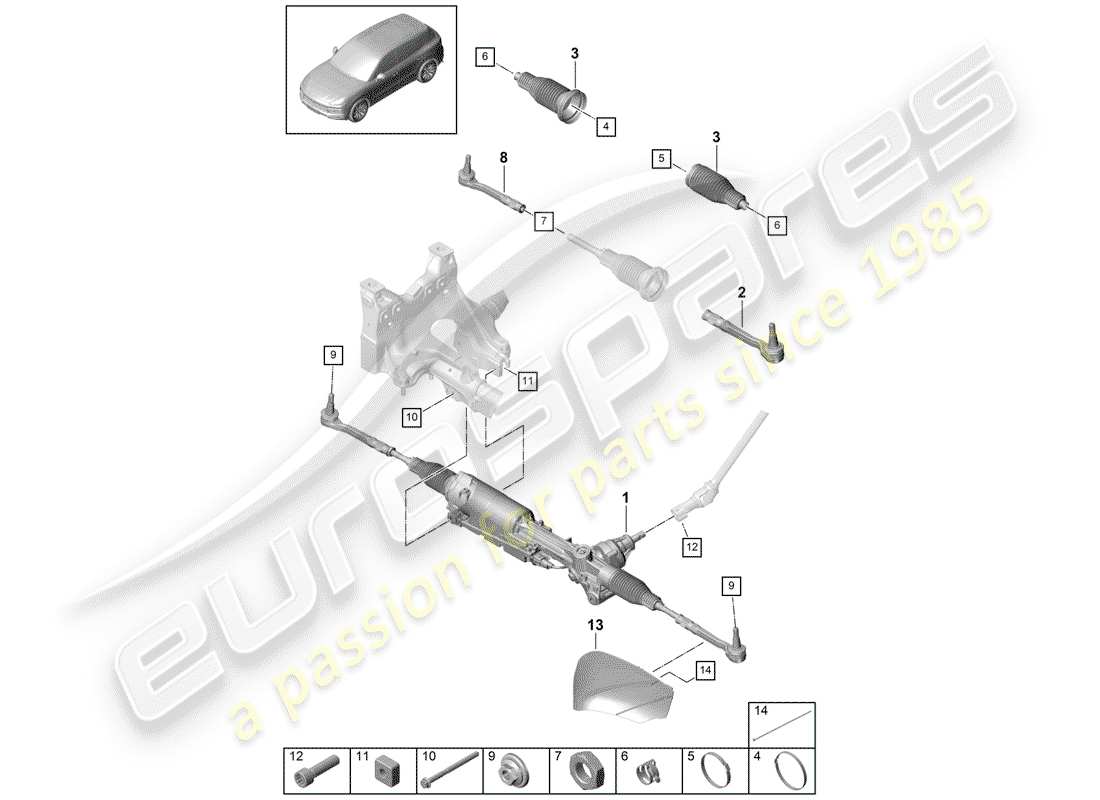 porsche 2019 (cayenne e3 9ya/9yb) schema delle parti della scatola dello sterzo