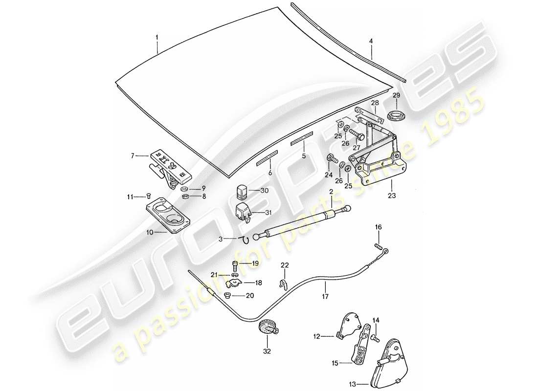 porsche 1991 (928) cofano - parti di installazione diagramma delle parti