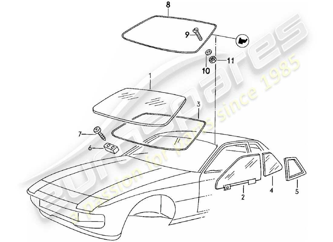 porsche 1982 (924) vetri della finestra diagramma delle parti