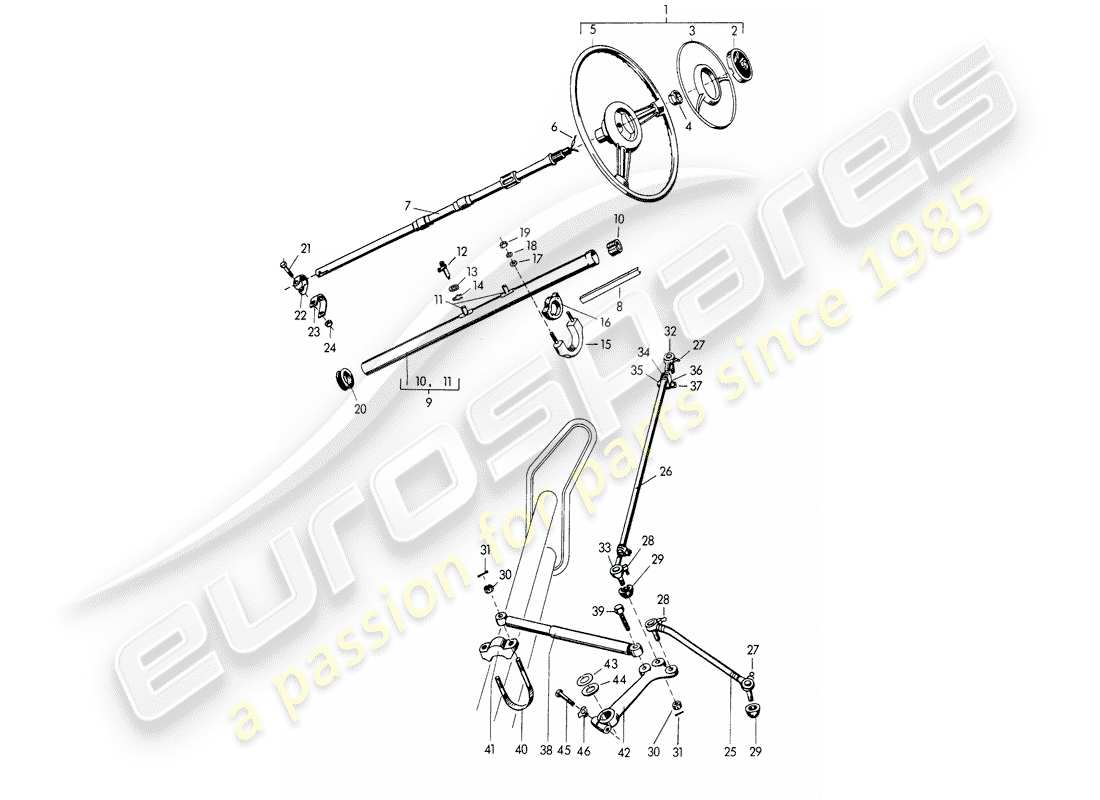 porsche 1954 (356/356a) volante - albero intermedio dello sterzo - asta dello sterzo - e - leva oscillante schema delle parti