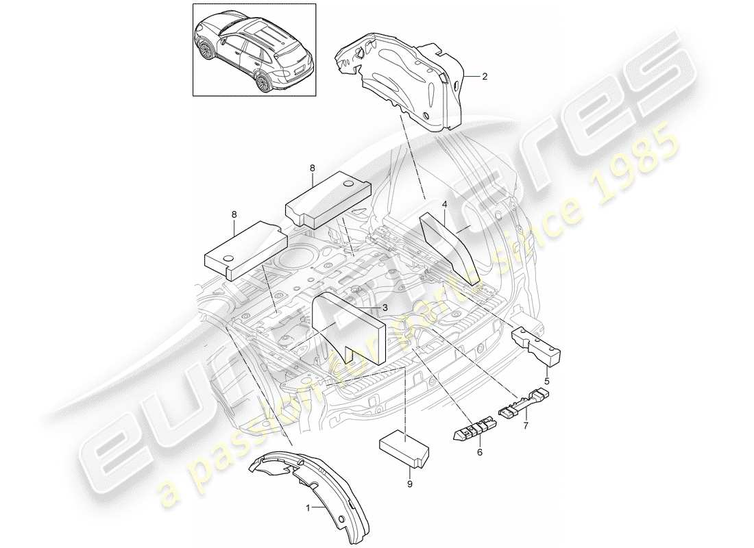 porsche 2014 (cayenne e2 92a) schema delle parti dell'assorbimento acustico