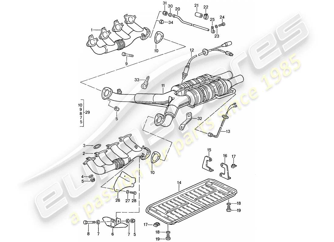 porsche 1991 (928) sistema di scarico - catalizzatore diagramma delle parti