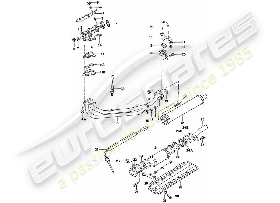 porsche 1984 (924) sistema di scarico - silenziatore di scarico, anteriore diagramma delle parti