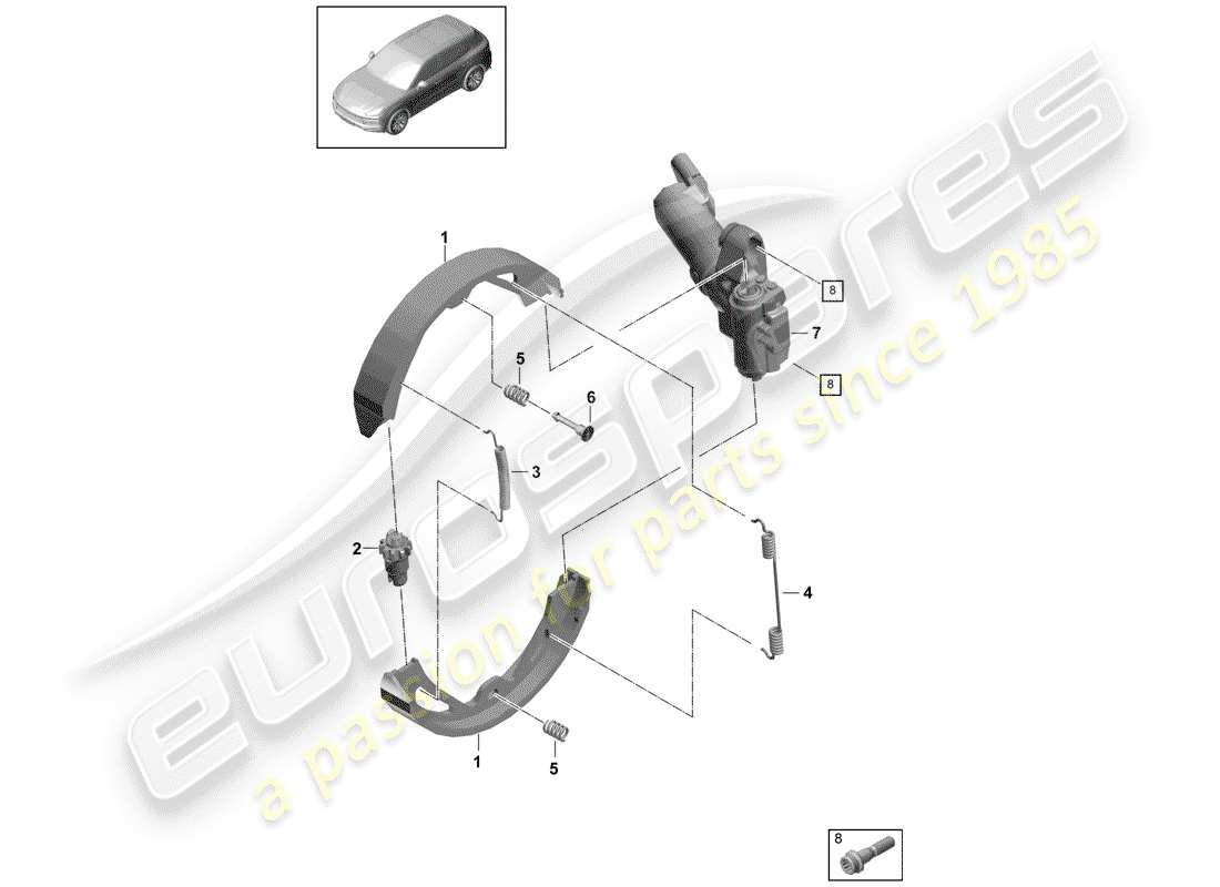 porsche 2020 (cayenne e3 9ya/9yb) schema delle parti del freno di stazionamento